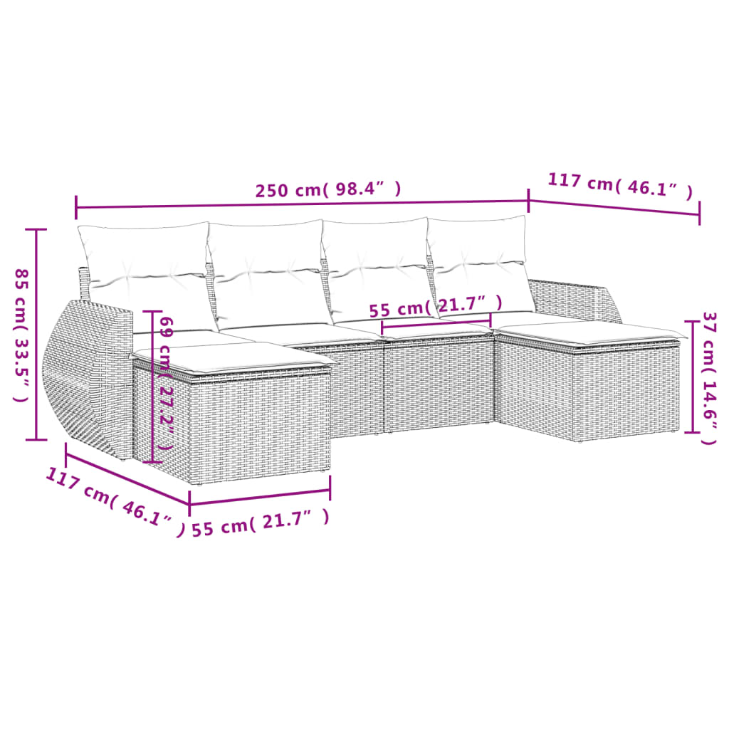 Salon de jardin 6 pcs avec coussins gris résine tressée