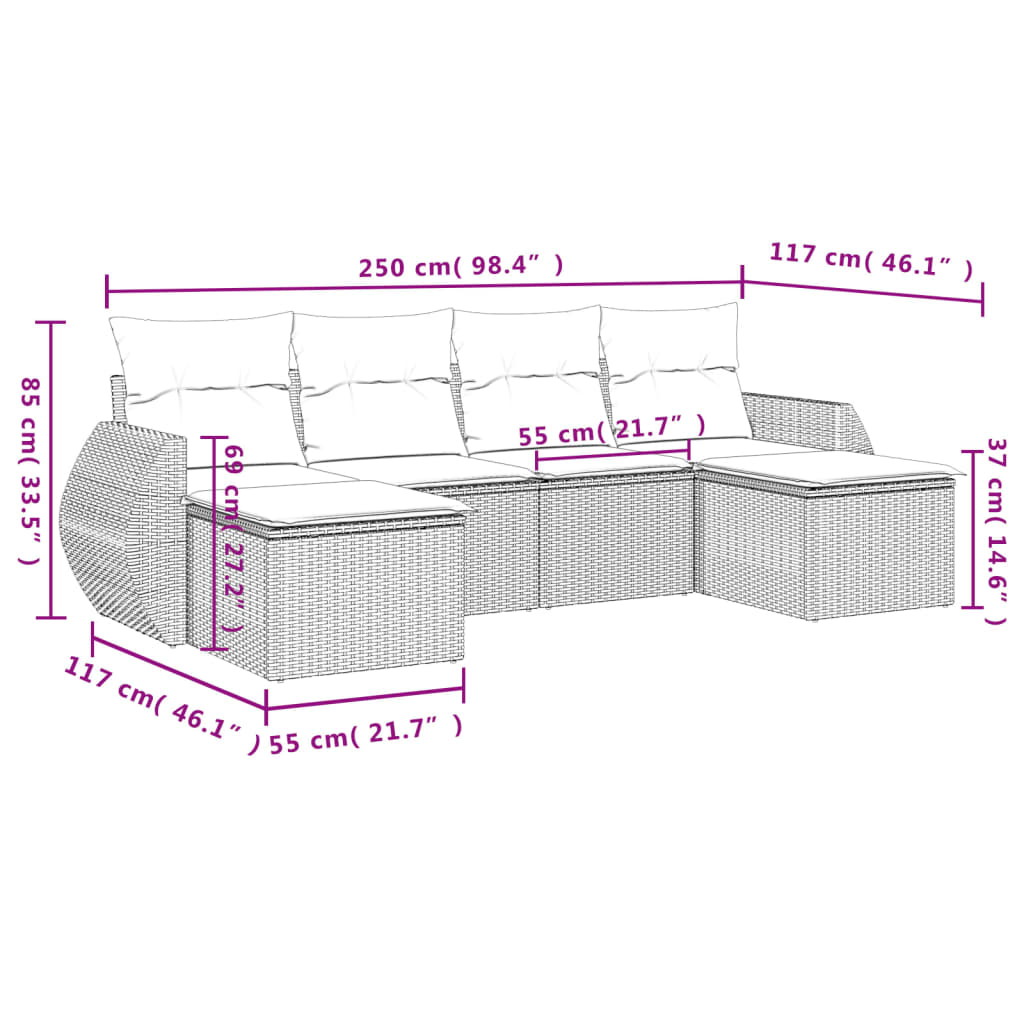 Salon de jardin avec coussins 6 pcs marron résine tressée