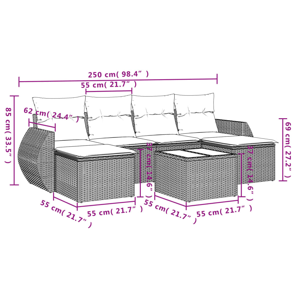 Salon de jardin avec coussins 7 pcs gris résine tressée