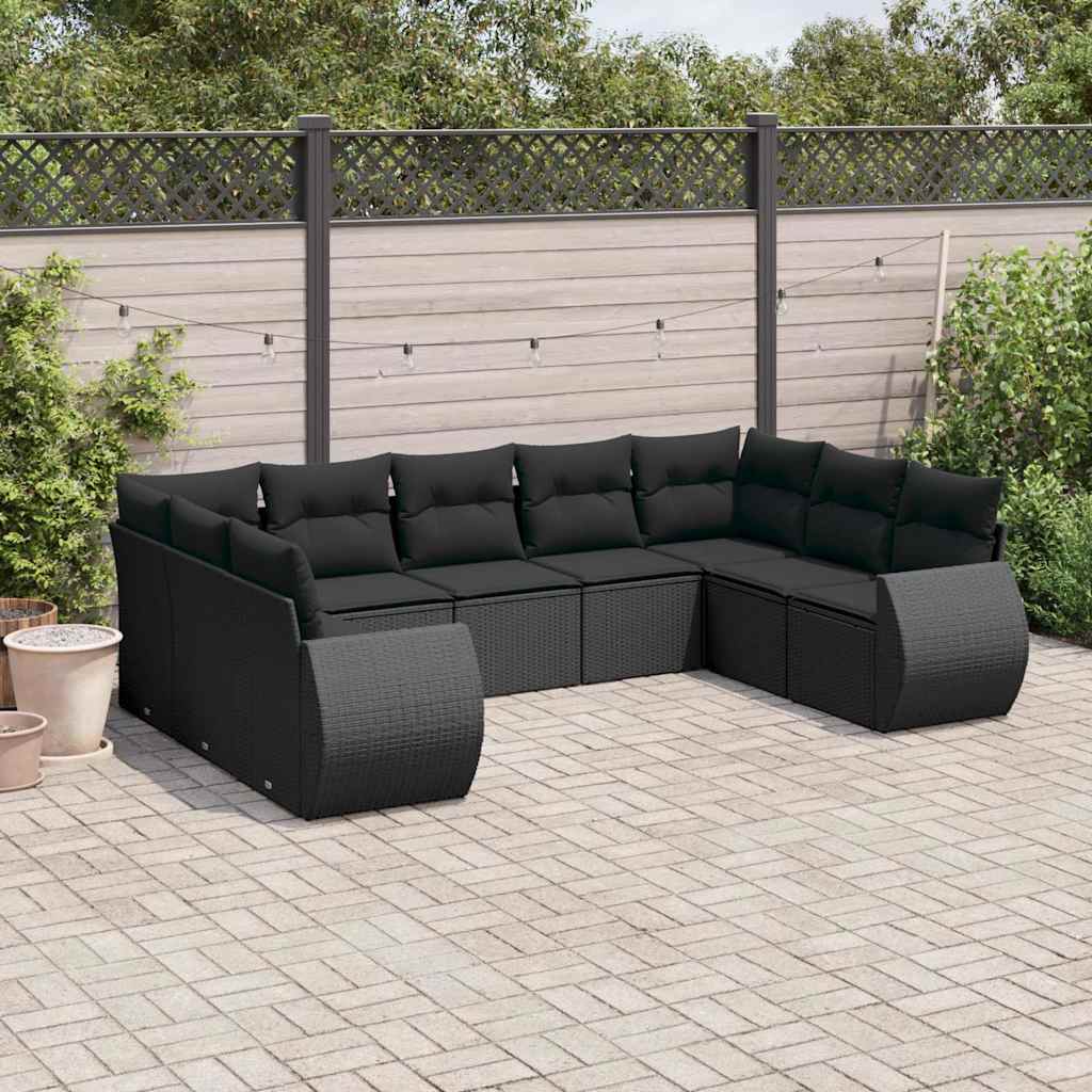 Salon de jardin 9 pcs avec coussins noir résine tressée