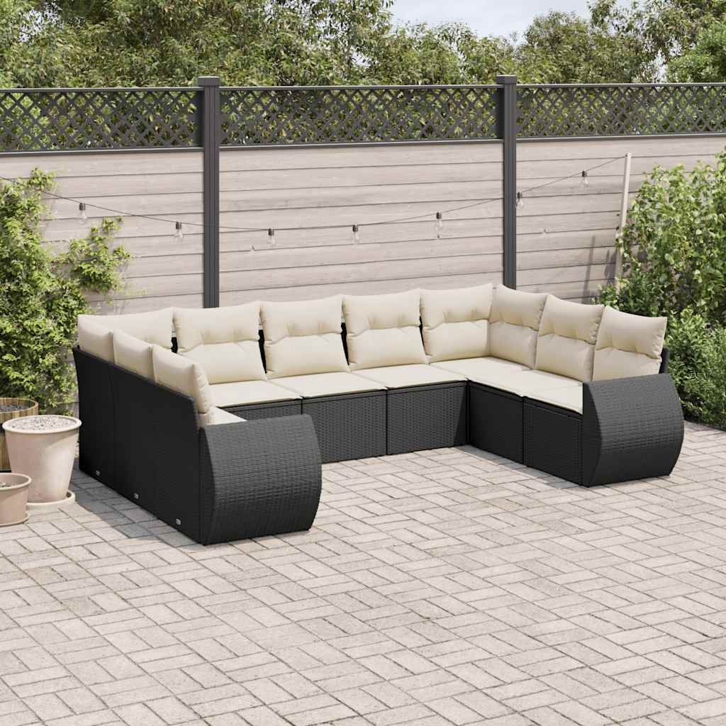 Salon de jardin 9 pcs avec coussins noir résine tressée