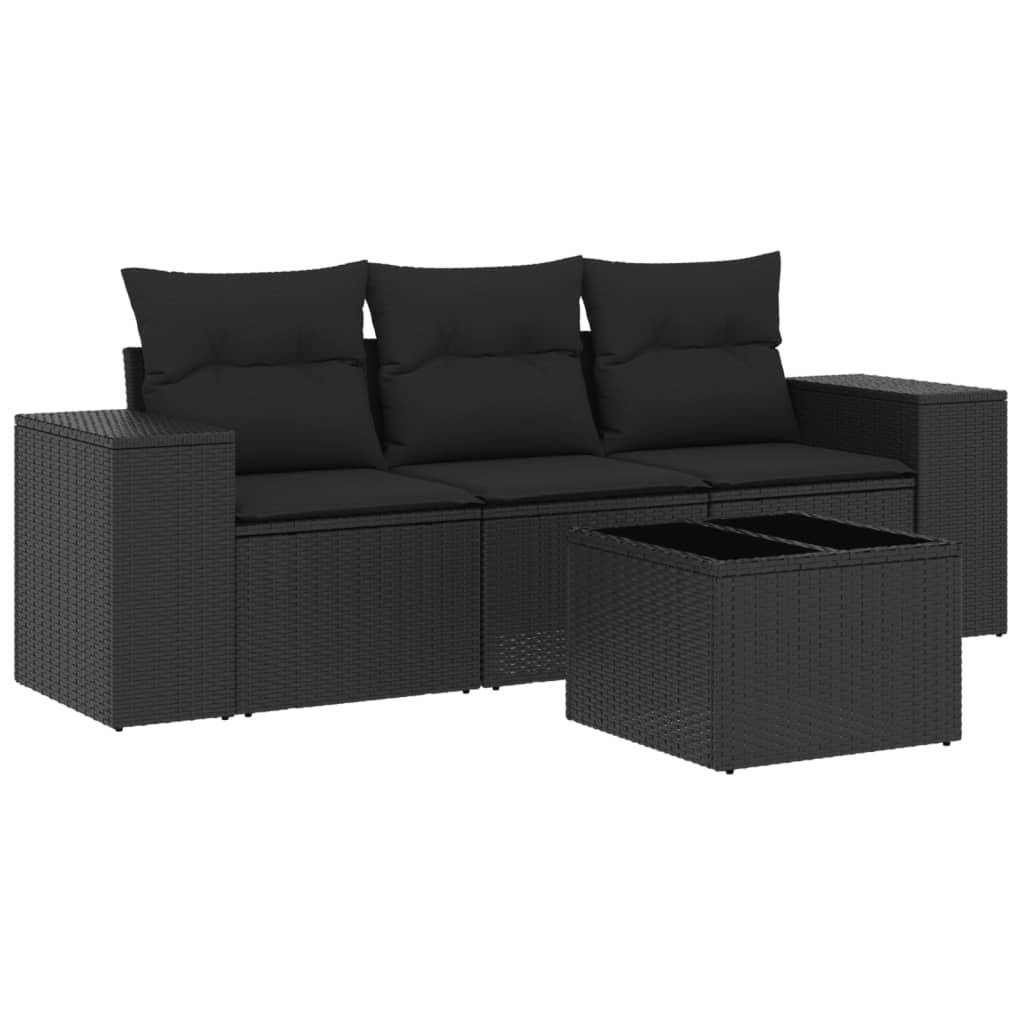 Salon de jardin 4 pcs avec coussins noir résine tressée