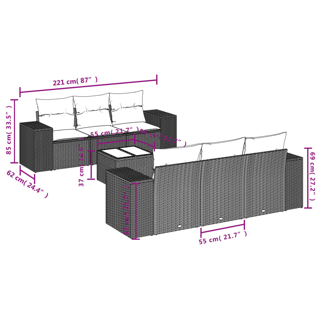Salon de jardin avec coussins 7 pcs gris résine tressée