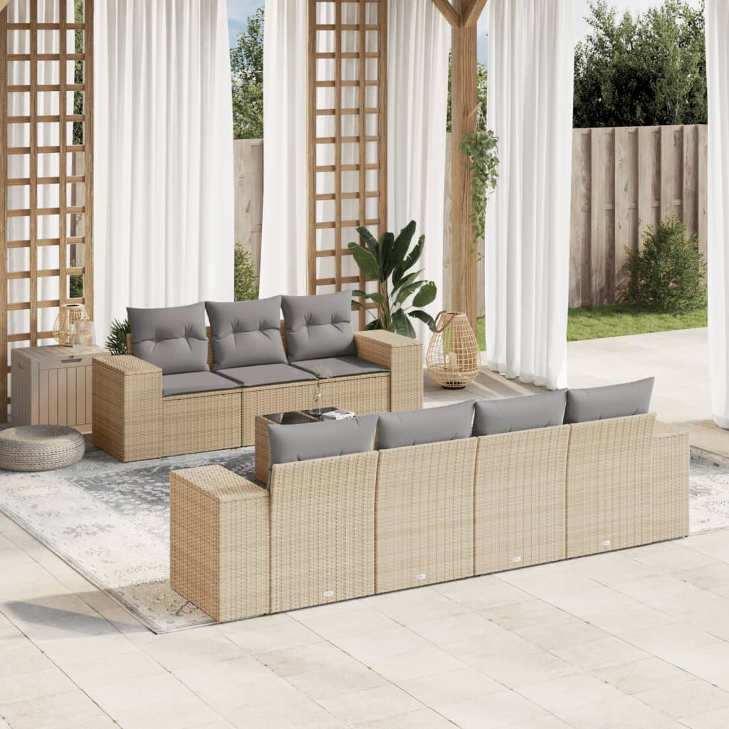 Salon de jardin avec coussins 8 pcs beige résine tressée