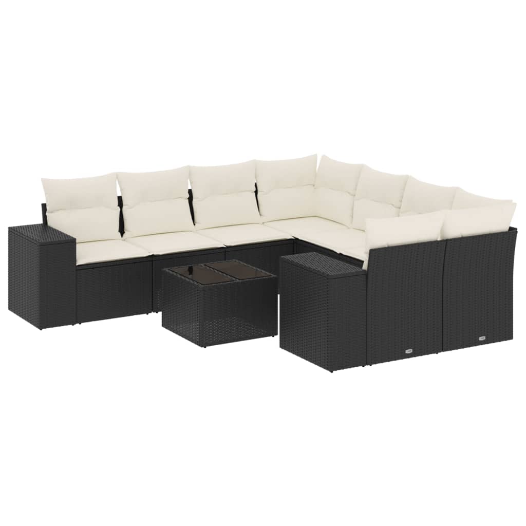 Salon de jardin 9 pcs avec coussins noir résine tressée