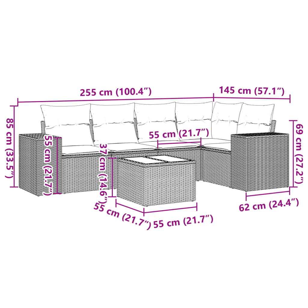 Salon de jardin 6 pcs avec coussins noir résine tressée