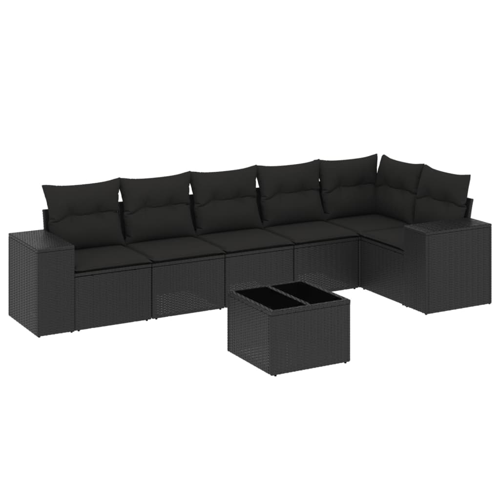 Salon de jardin 7 pcs avec coussins noir résine tressée