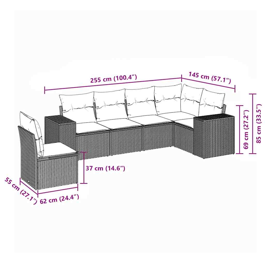Salon de jardin 6 pcs avec coussins noir résine tressée