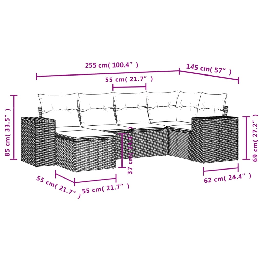 Salon de jardin 6 pcs avec coussins noir résine tressée