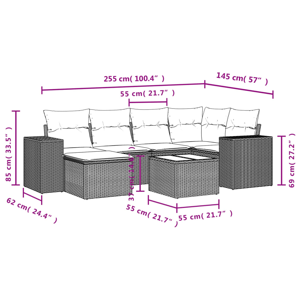 Salon de jardin avec coussins 7 pcs gris résine tressée
