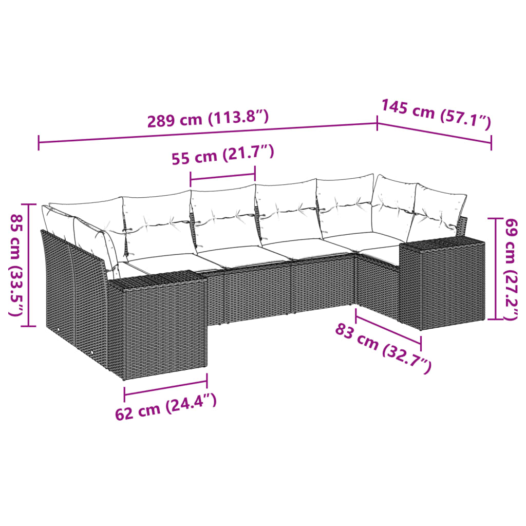 Salon de jardin avec coussins 7 pcs gris résine tressée