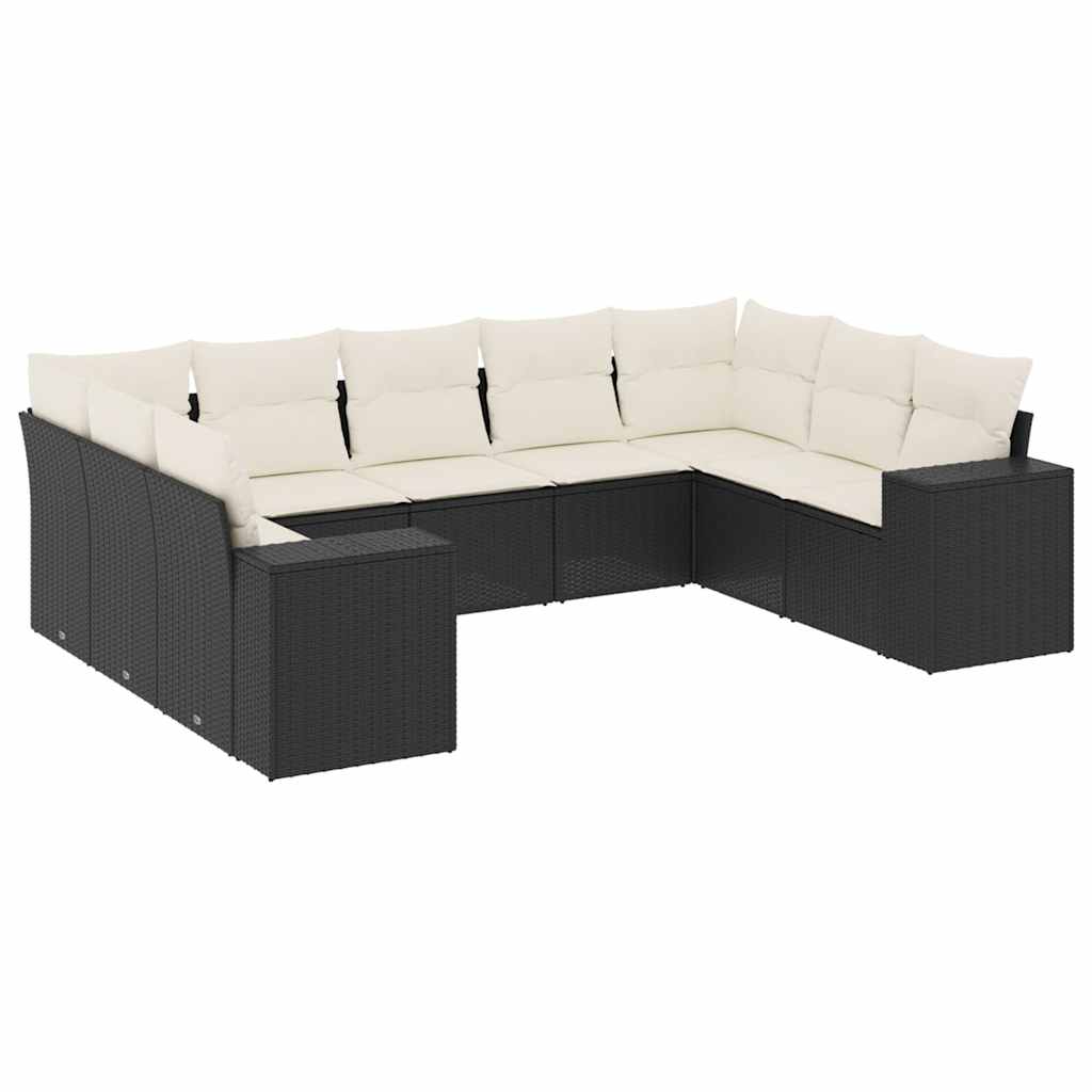 Salon de jardin 9 pcs avec coussins noir résine tressée