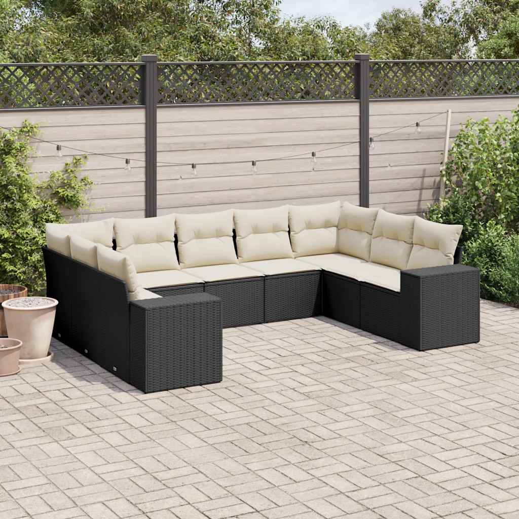Salon de jardin 9 pcs avec coussins noir résine tressée