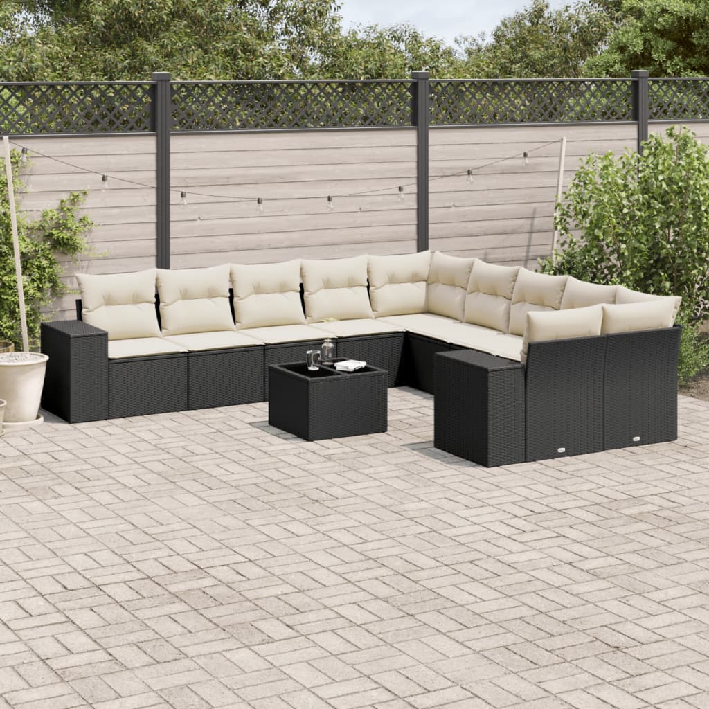 Salon de jardin 11 pcs avec coussins noir résine tressée