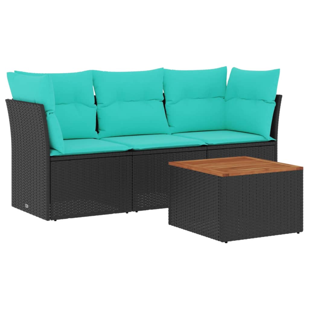 Salon de jardin 4 pcs avec coussins noir résine tressée