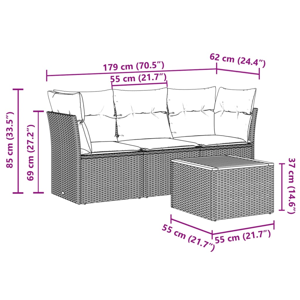Salon de jardin 4 pcs avec coussins gris résine tressée