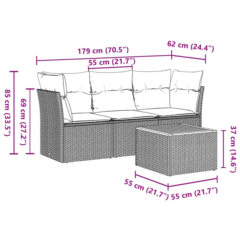Salon de jardin 4 pcs avec coussins gris résine tressée