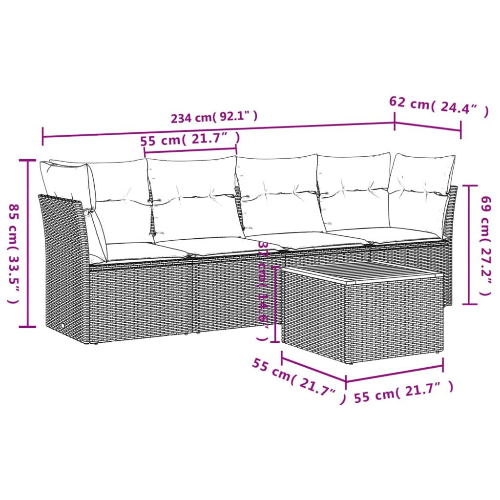Salon de jardin avec coussins 5pcs mélange beige résine tressée