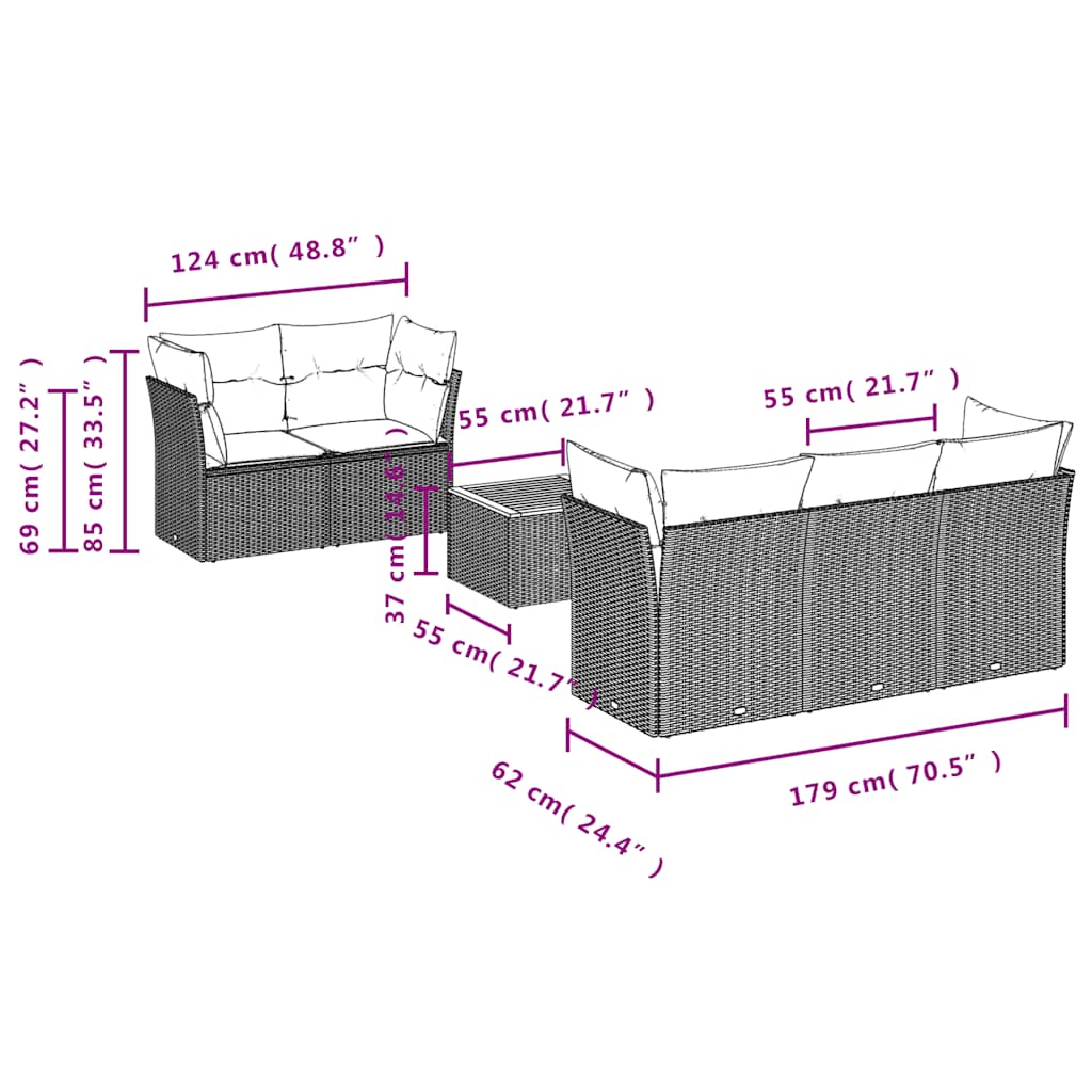Salon de jardin 6 pcs avec coussins gris résine tressée