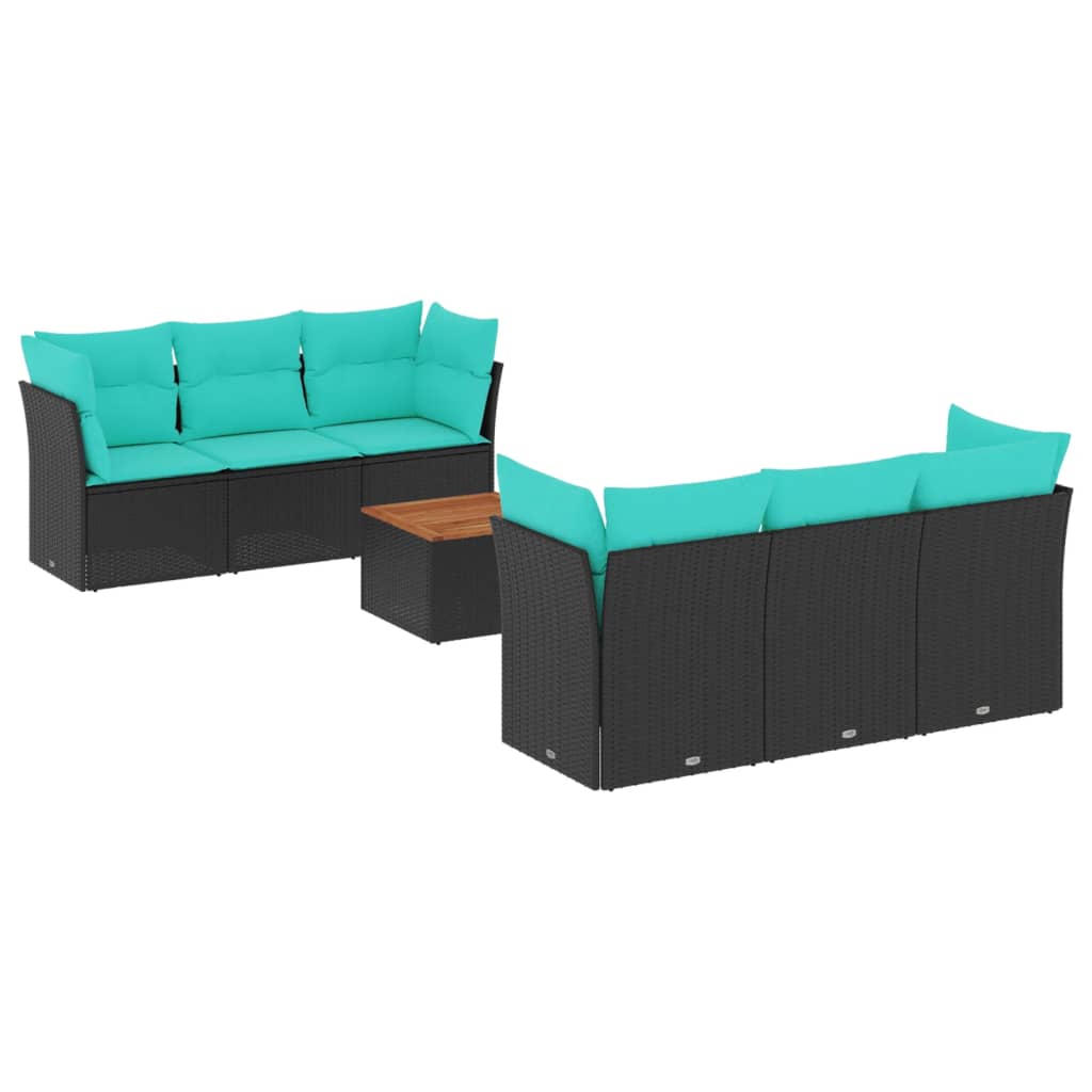 Salon de jardin 7 pcs avec coussins noir résine tressée