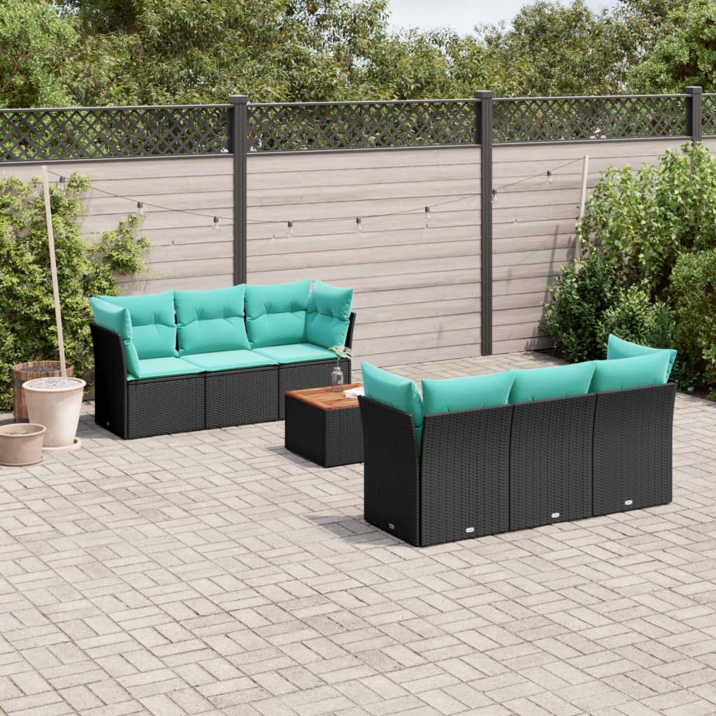 Salon de jardin 7 pcs avec coussins noir résine tressée