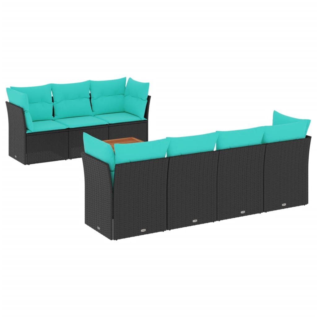 Salon de jardin 8 pcs avec coussins noir résine tressée