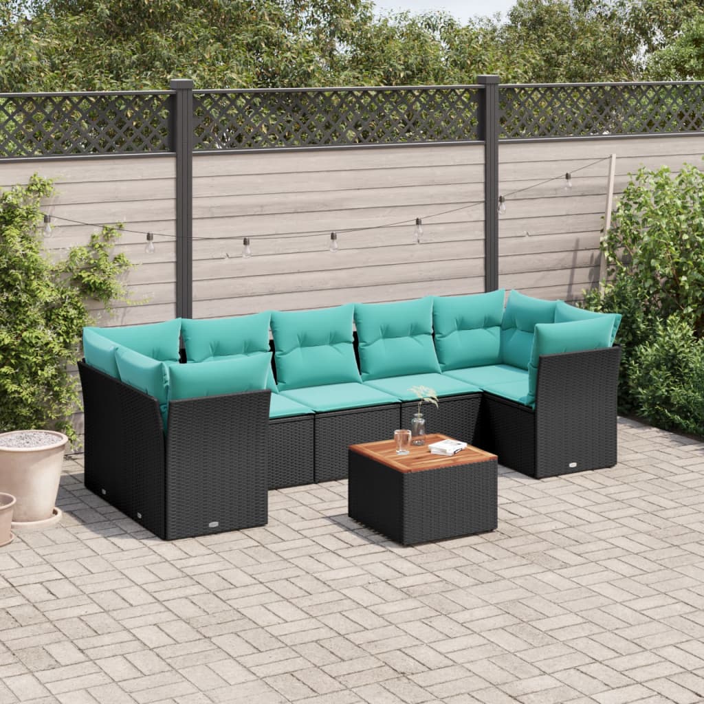 Salon de jardin 8 pcs avec coussins noir résine tressée