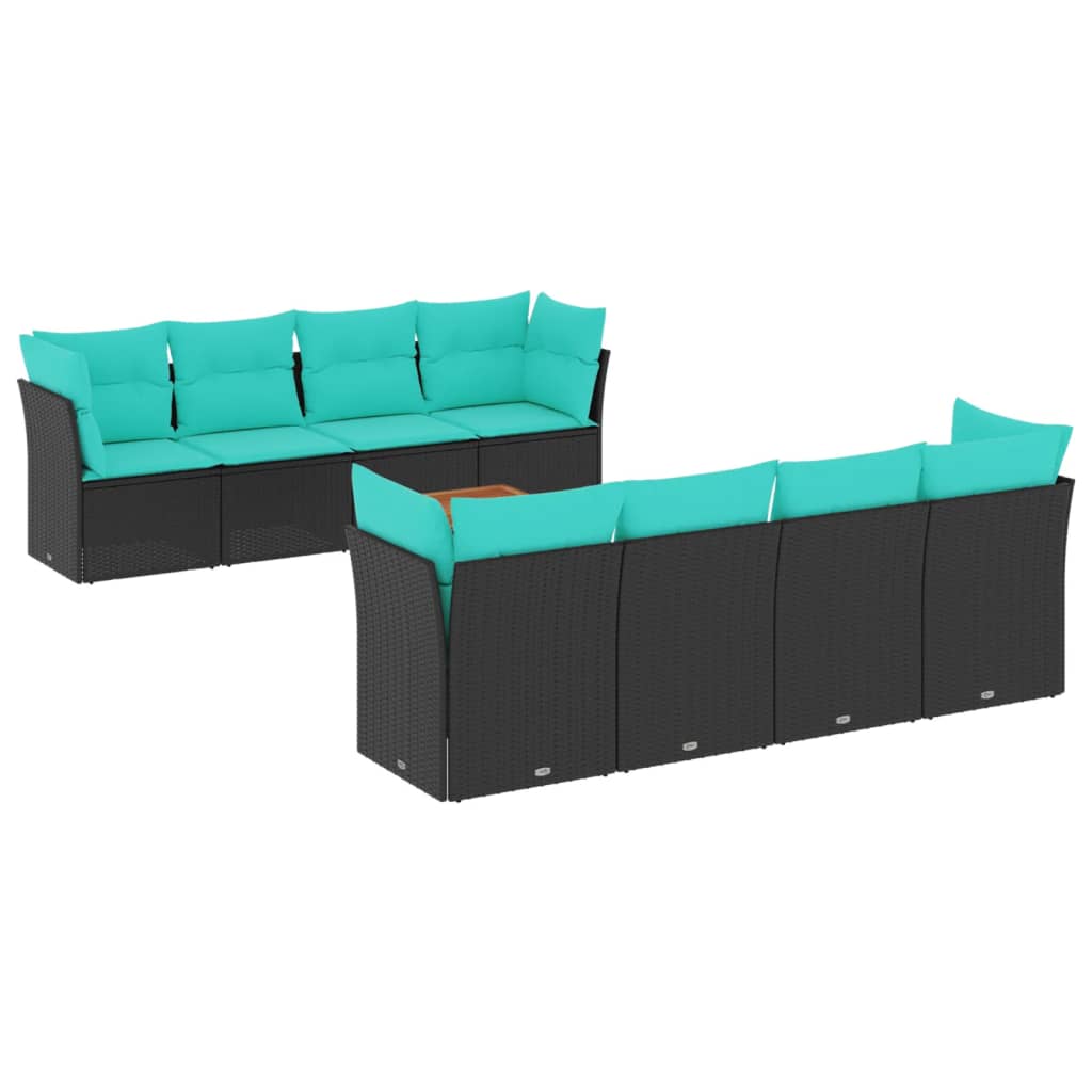 Salon de jardin 9 pcs avec coussins noir résine tressée