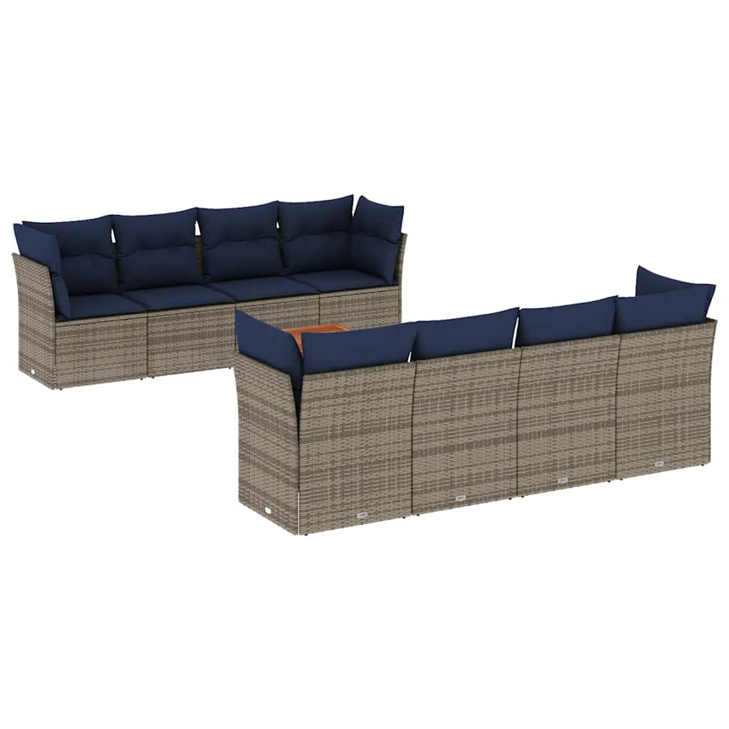 Salon de jardin 9 pcs avec coussins gris résine tressée