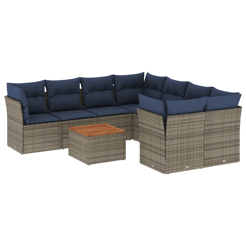 Salon de jardin 9 pcs avec coussins gris résine tressée