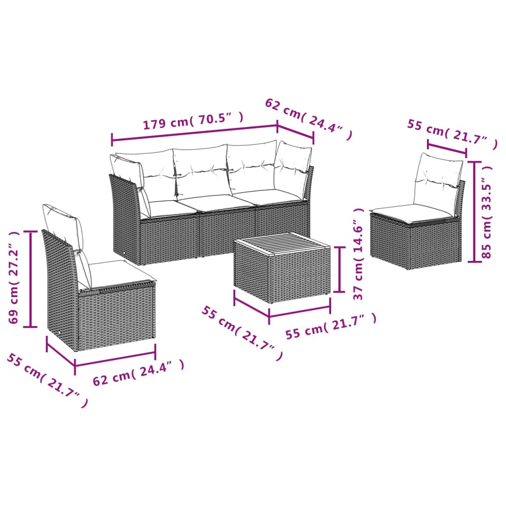 Salon de jardin avec coussins 6pcs mélange beige résine tressée