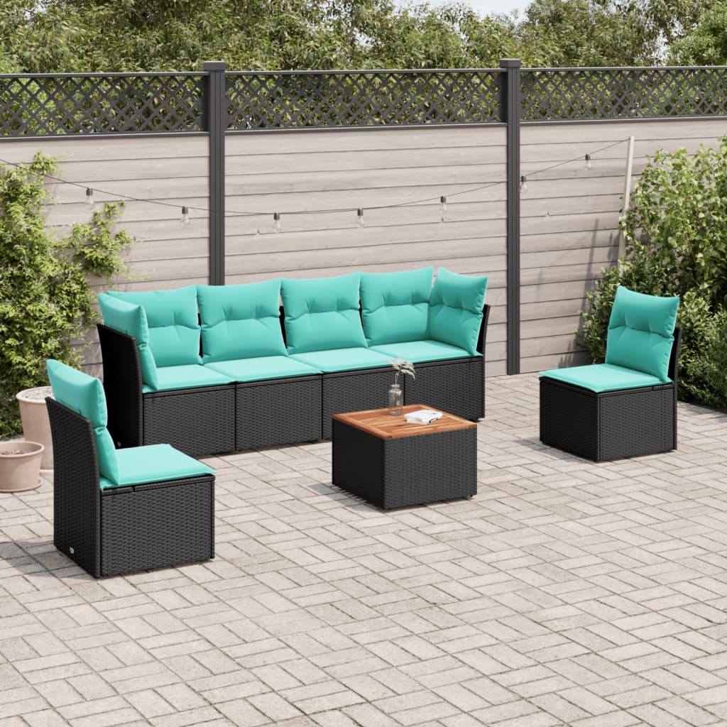 Salon de jardin 7 pcs avec coussins noir résine tressée