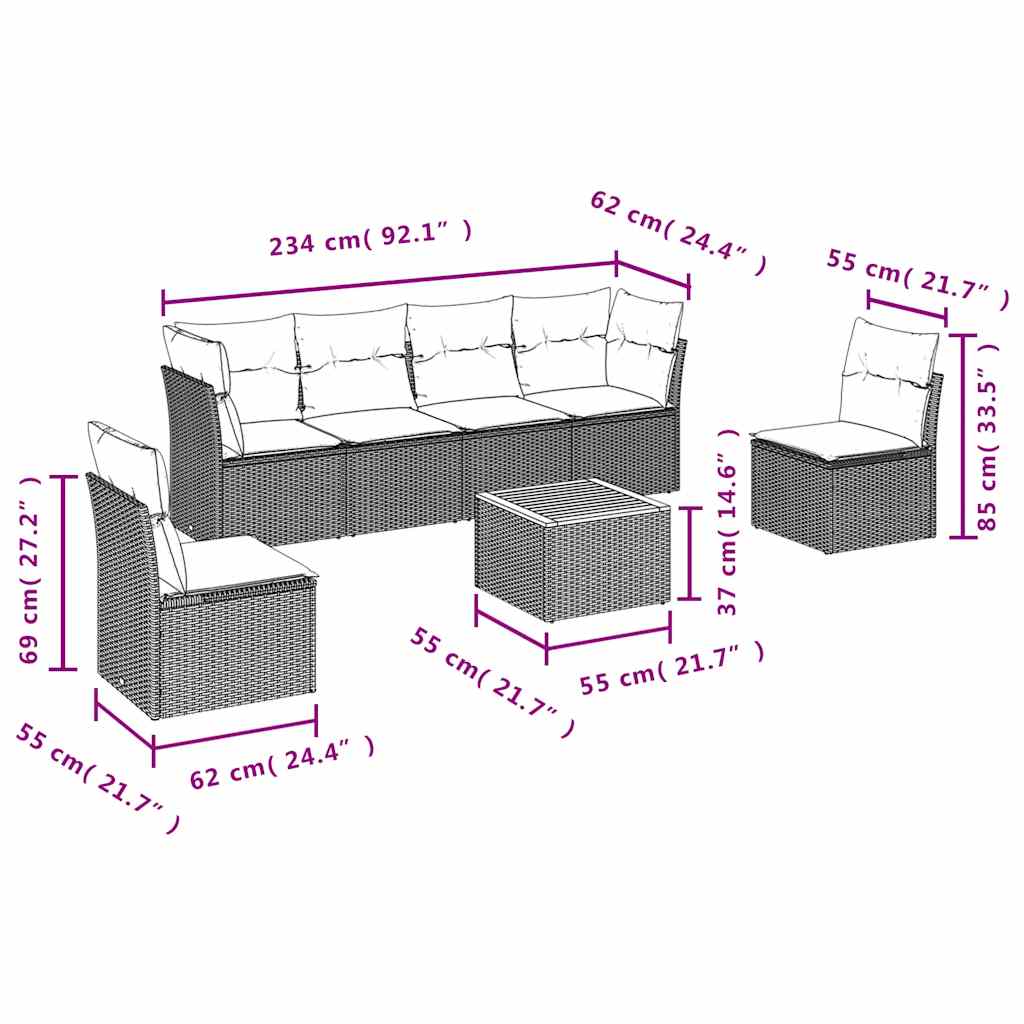 Salon de jardin 7 pcs avec coussins gris résine tressée