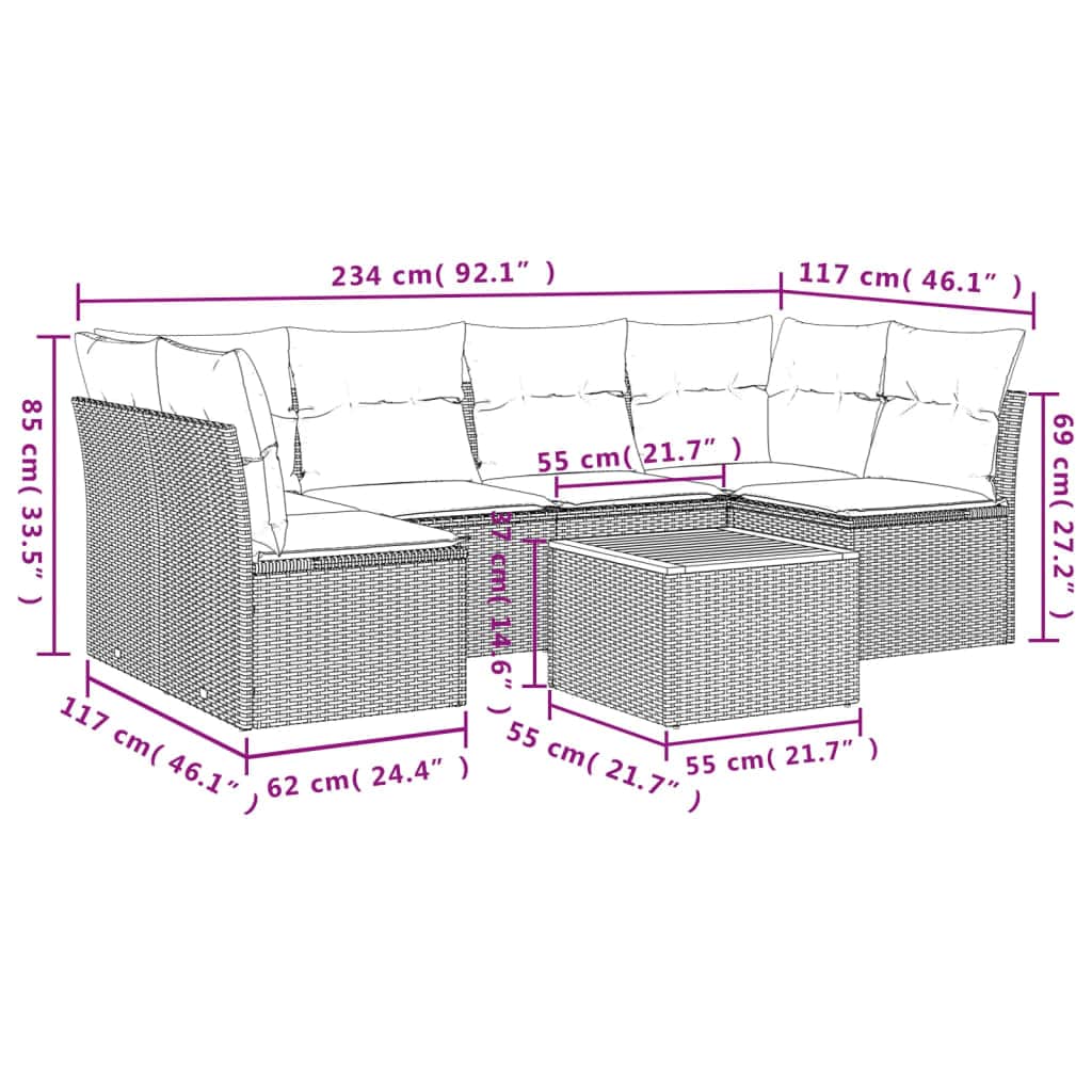 Salon de jardin 7 pcs avec coussins gris résine tressée