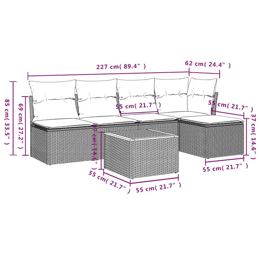 Ensemble de canapé de jardin 6 pcs avec coussins gris résine tressée