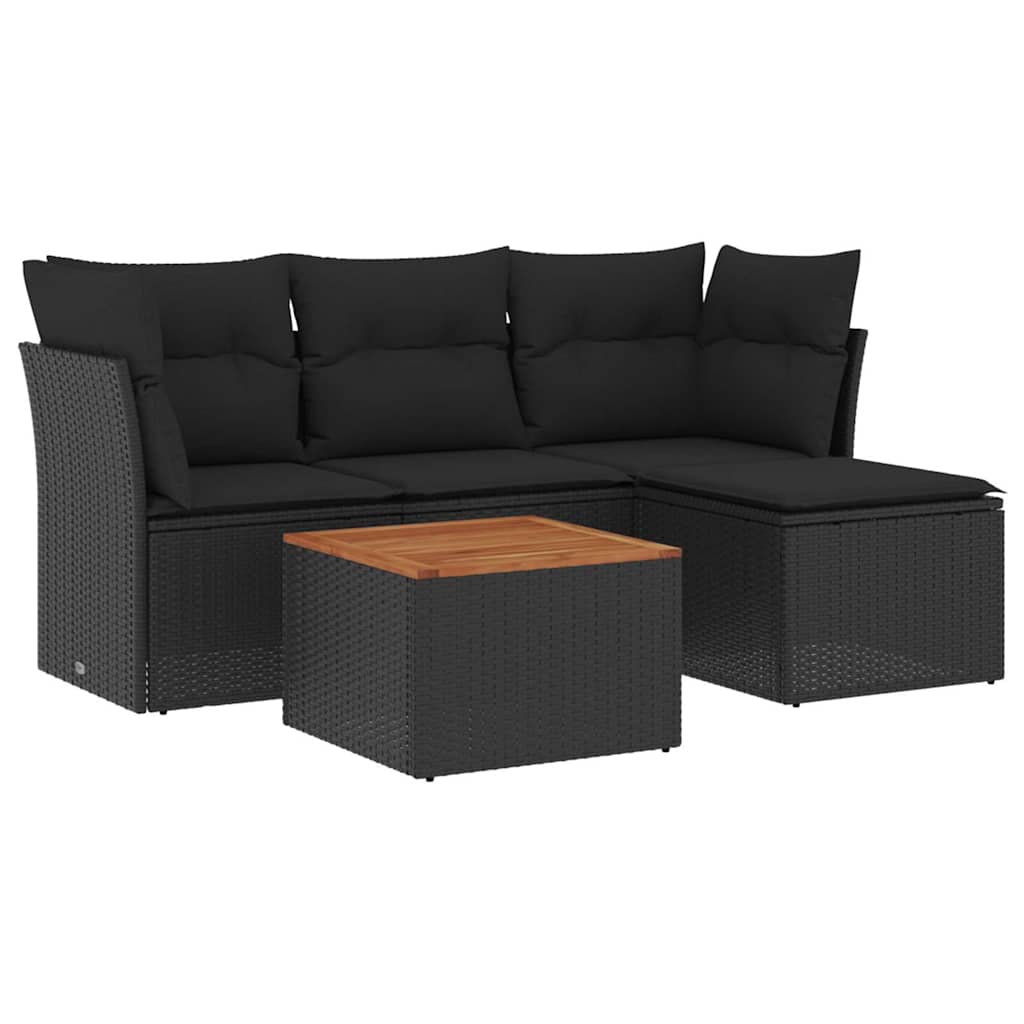 Salon de jardin 5 pcs avec coussins noir résine tressée