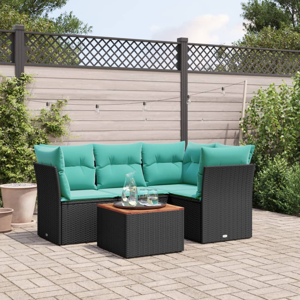 Salon de jardin 5 pcs avec coussins noir résine tressée