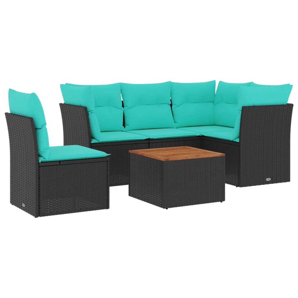 Salon de jardin 6 pcs avec coussins noir résine tressée