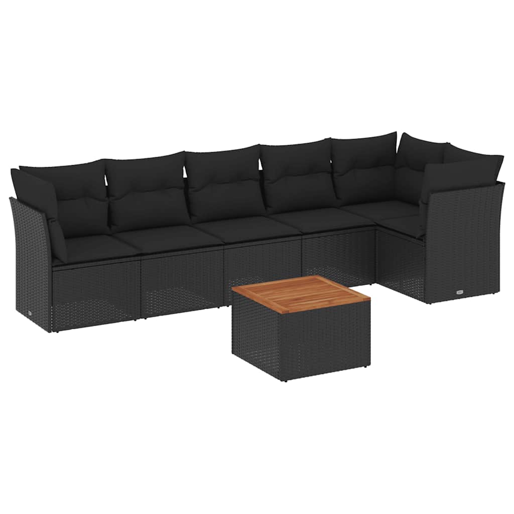 Salon de jardin 7 pcs avec coussins noir résine tressée