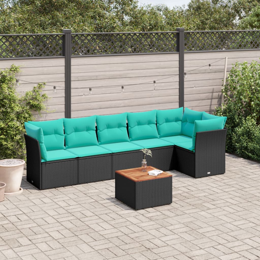 Salon de jardin 7 pcs avec coussins noir résine tressée