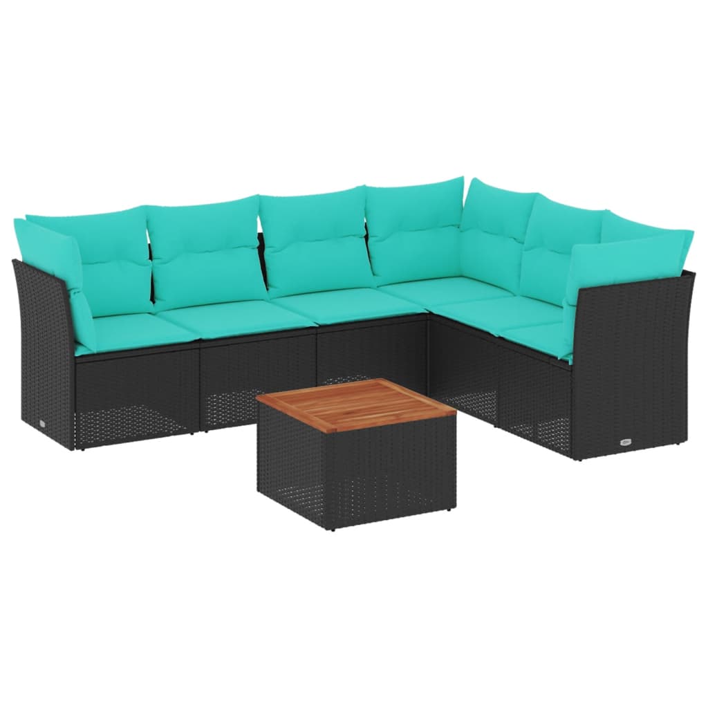 Salon de jardin 7 pcs avec coussins noir résine tressée