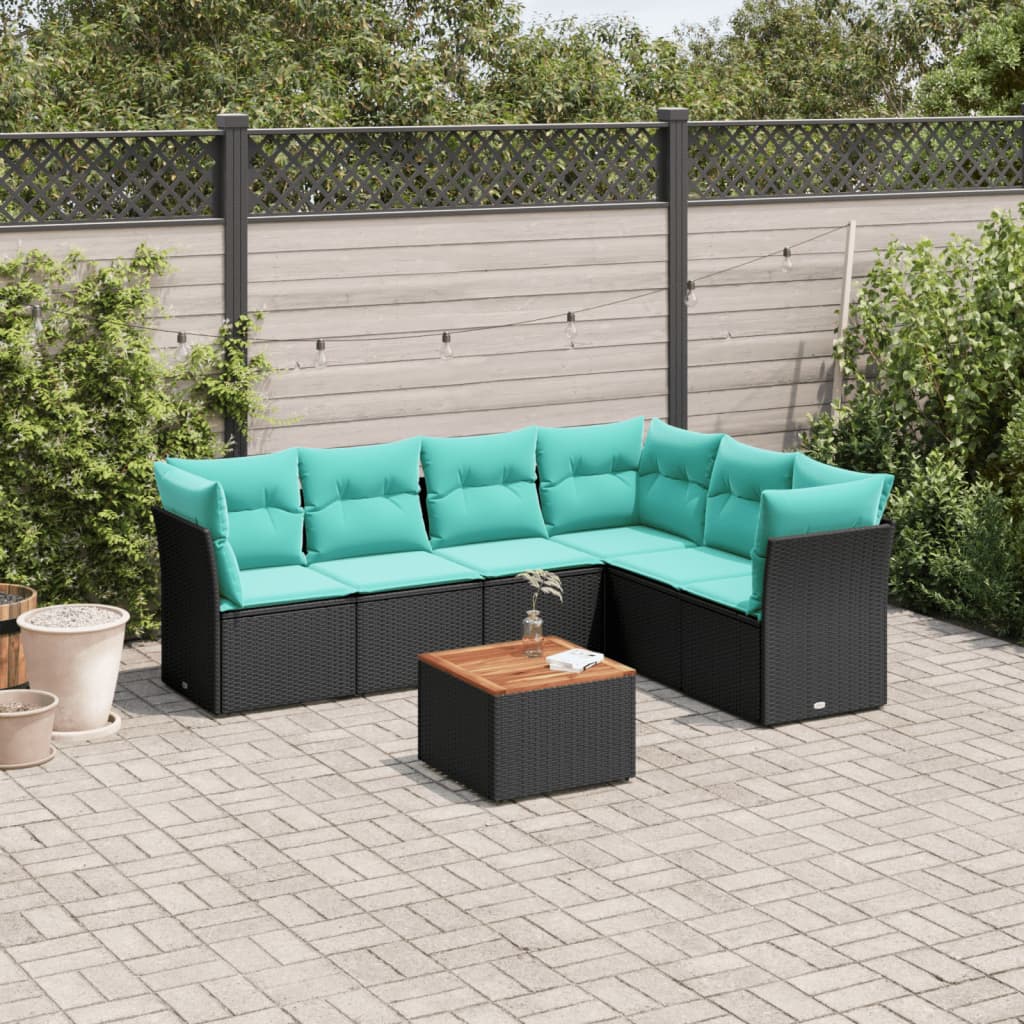Salon de jardin 7 pcs avec coussins noir résine tressée