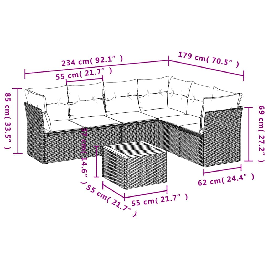 Salon de jardin 7 pcs avec coussins gris résine tressée