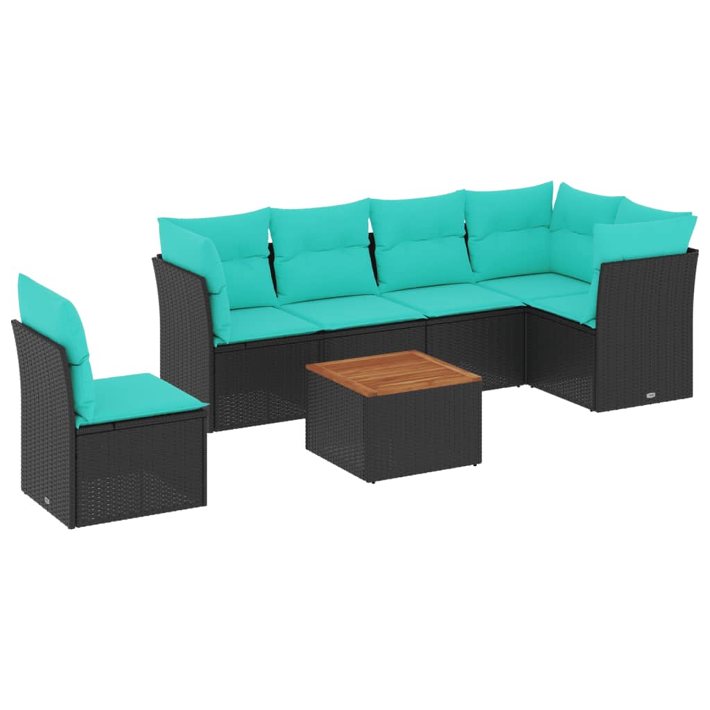Salon de jardin 7 pcs avec coussins noir résine tressée
