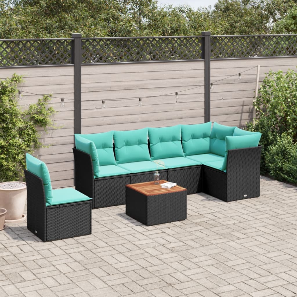 Salon de jardin 7 pcs avec coussins noir résine tressée