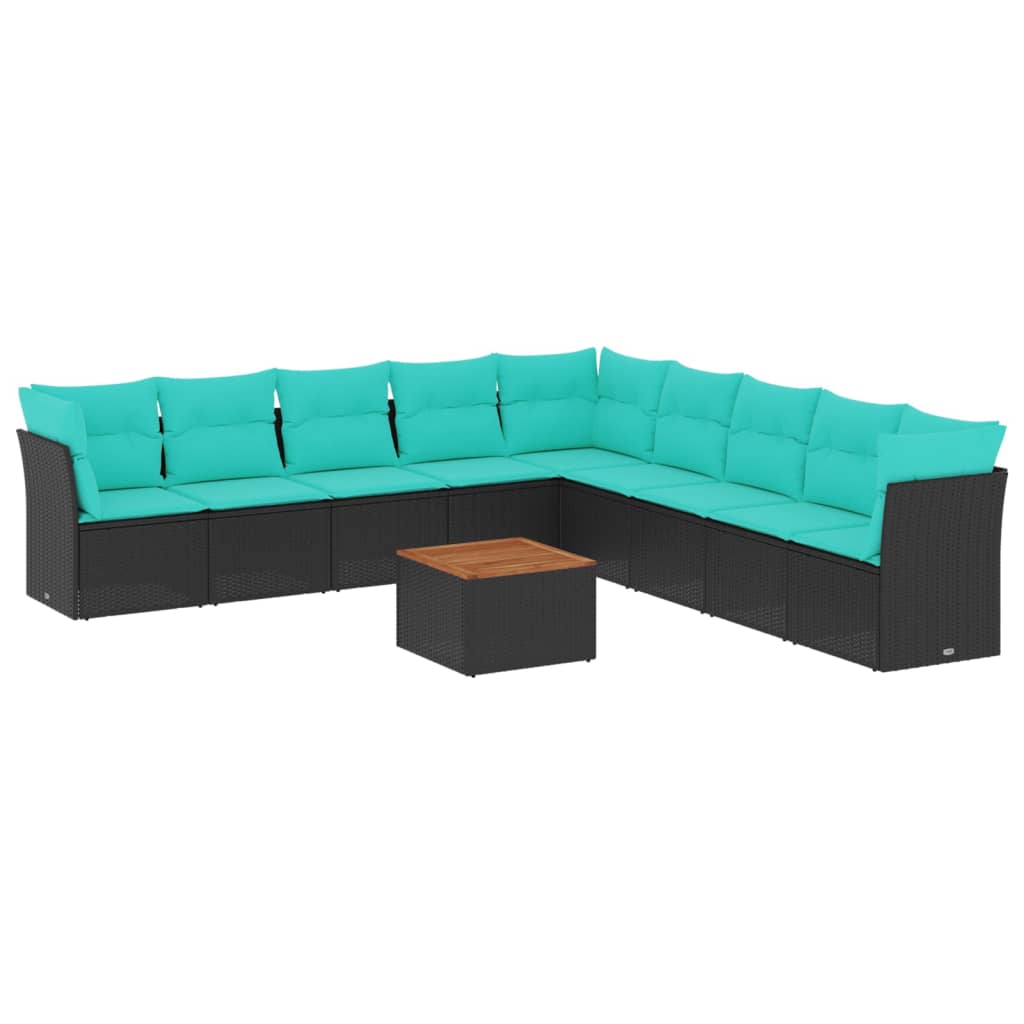 Salon de jardin 10 pcs avec coussins noir résine tressée