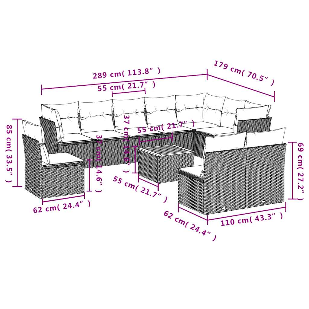 Salon de jardin 11 pcs avec coussins gris résine tressée