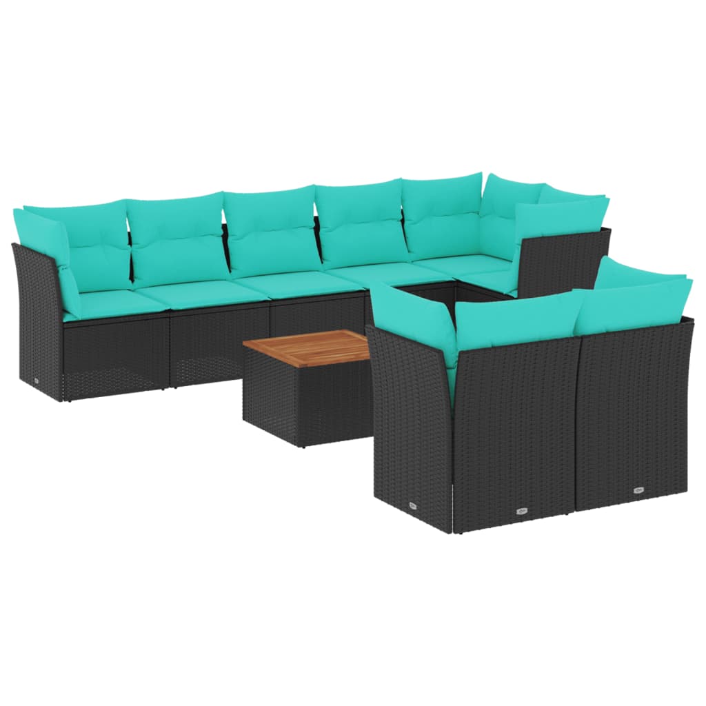 Salon de jardin 9 pcs avec coussins noir résine tressée