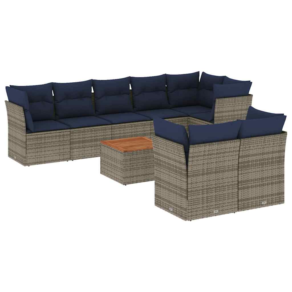 Salon de jardin 9 pcs avec coussins gris résine tressée