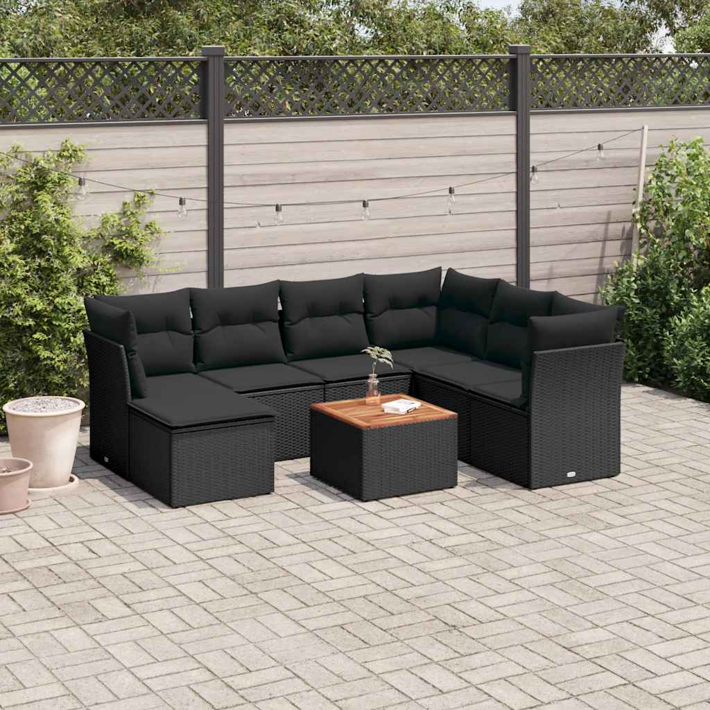 Salon de jardin 8 pcs avec coussins noir résine tressée